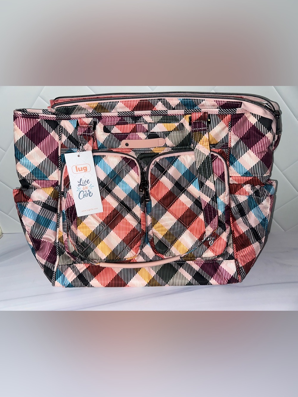 Lug Trotter Tote Bag in Pink Plaid - NEW